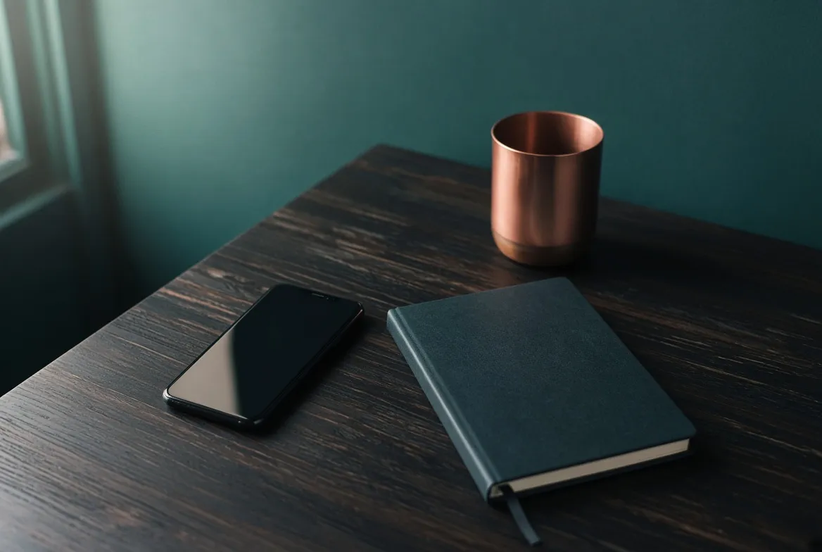 A phone and notebook on a dark desk