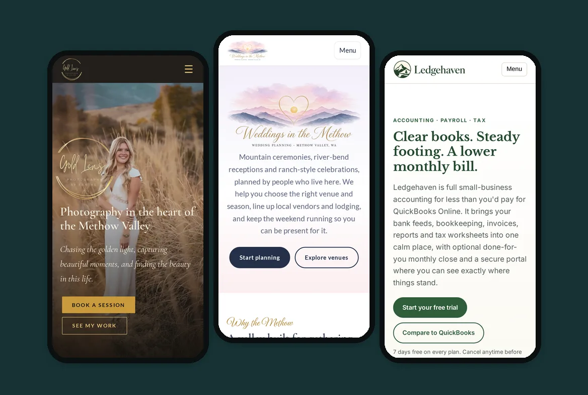 Phone views of three sites we built: Gold Lens Photography, Weddings in the Methow, and Ledgehaven