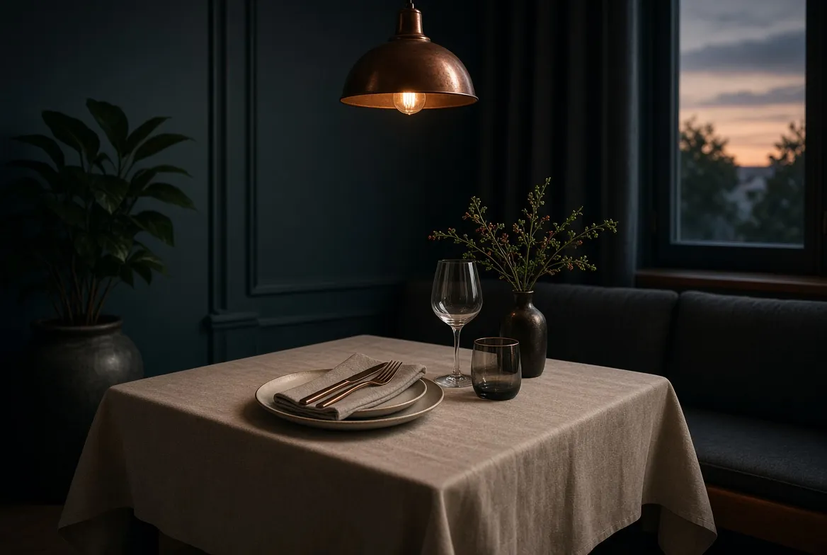 A set table in a dark dining room