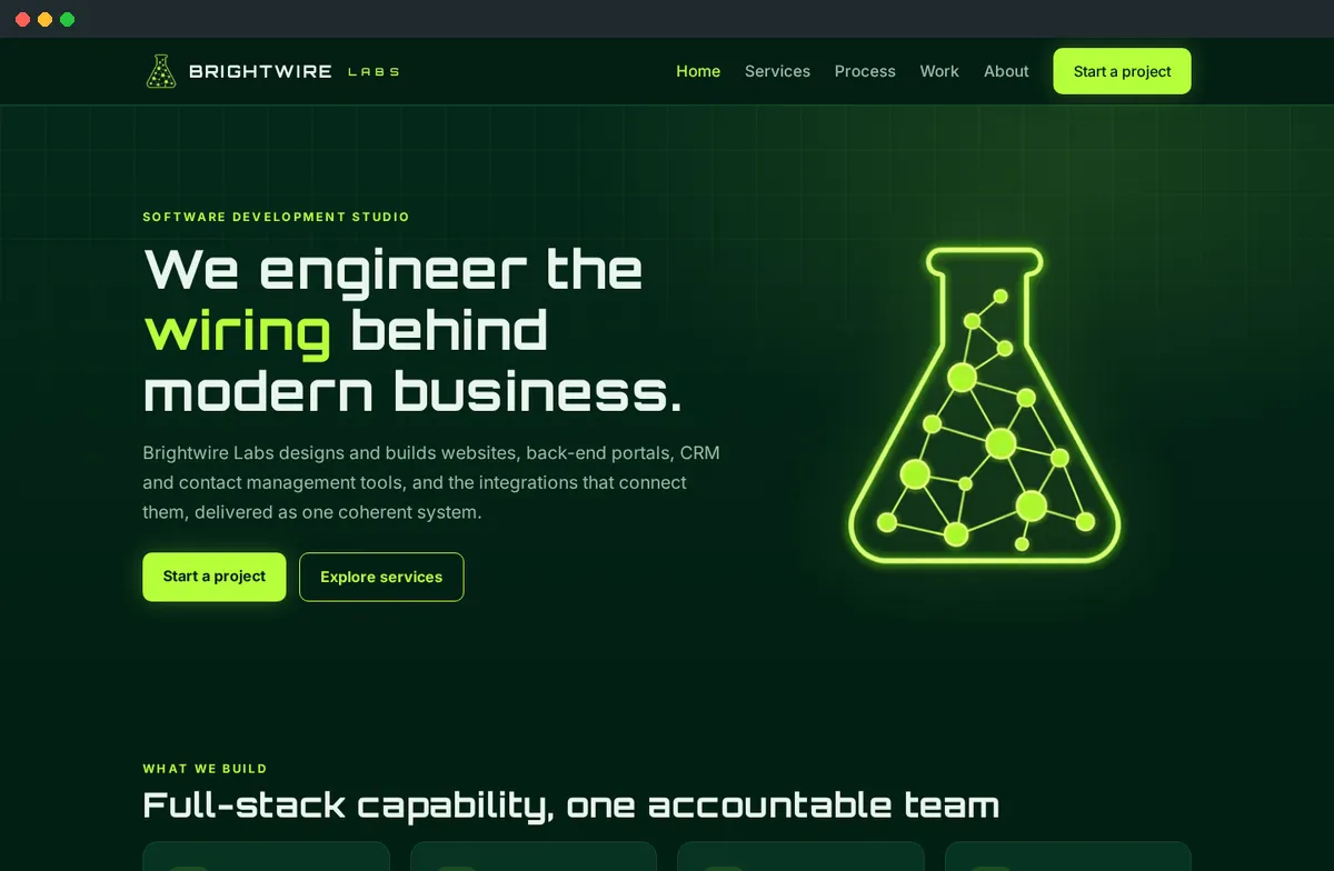 Brightwire Labs home page with a green beaker logo