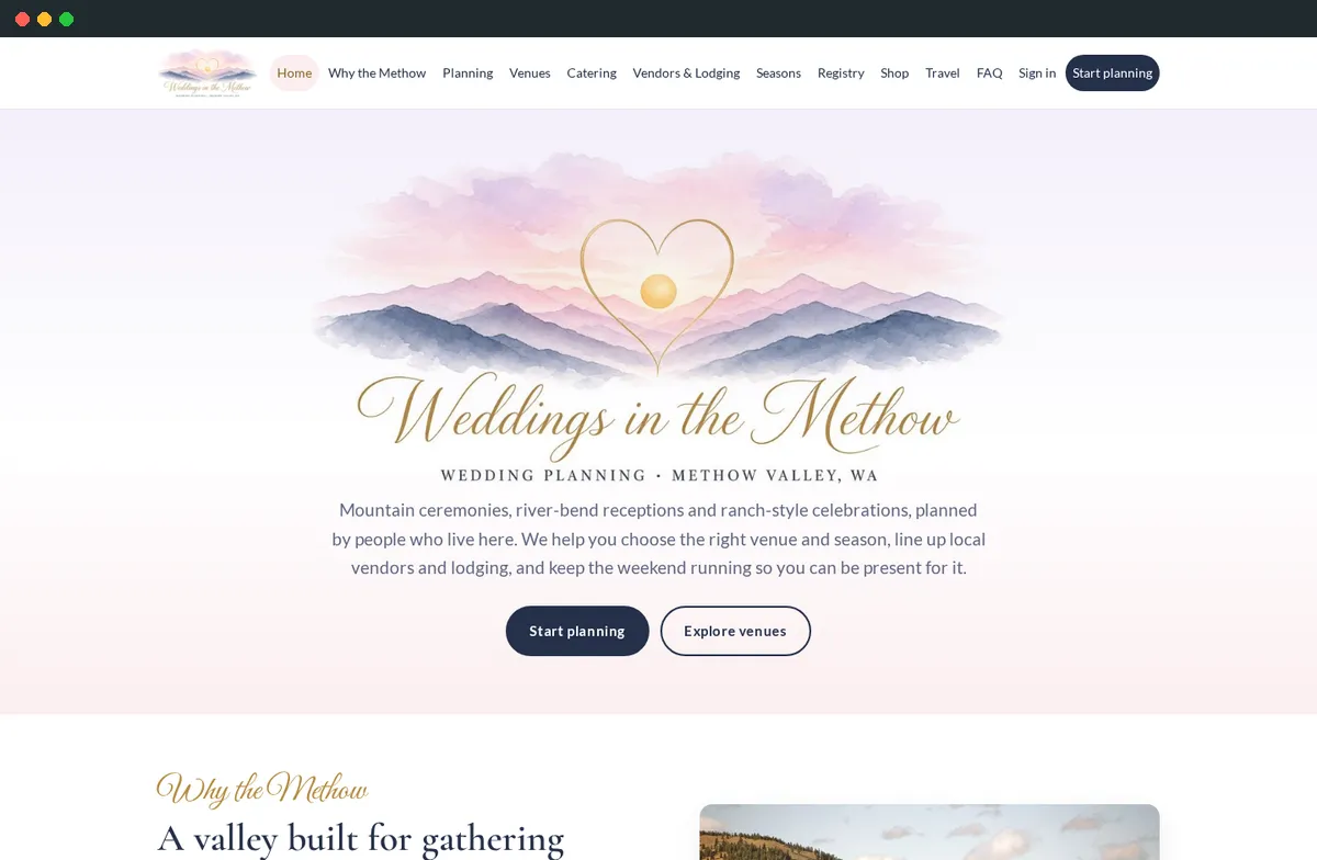 Weddings in the Methow home page with a watercolor mountain logo